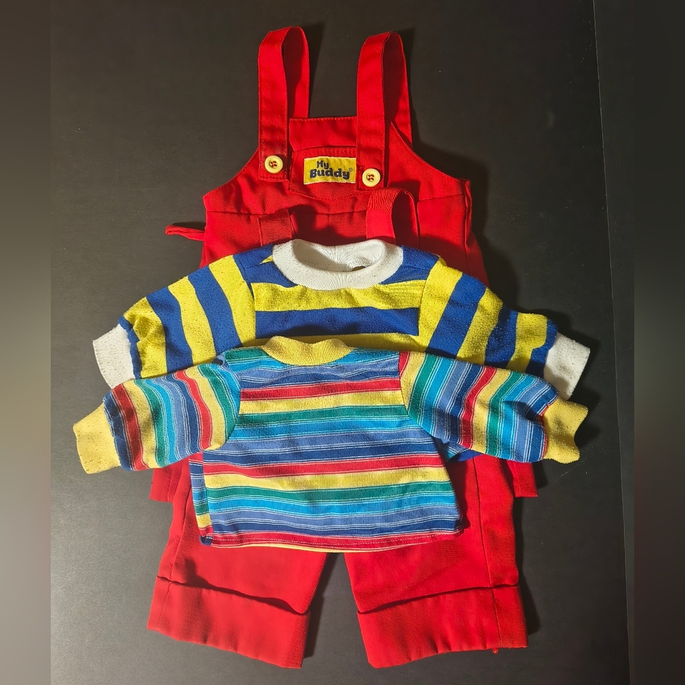 Vintage My Buddy Doll Clothes 2 Red Overalls & 2 Striped Shirts Hasbro Rainbow